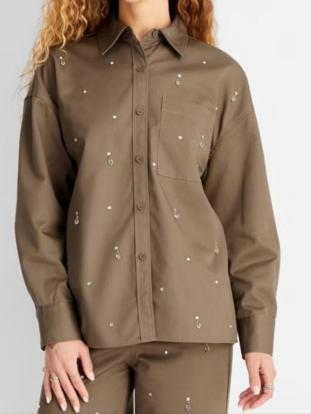 Women's Embellished Olive Utility Shirt Jacket